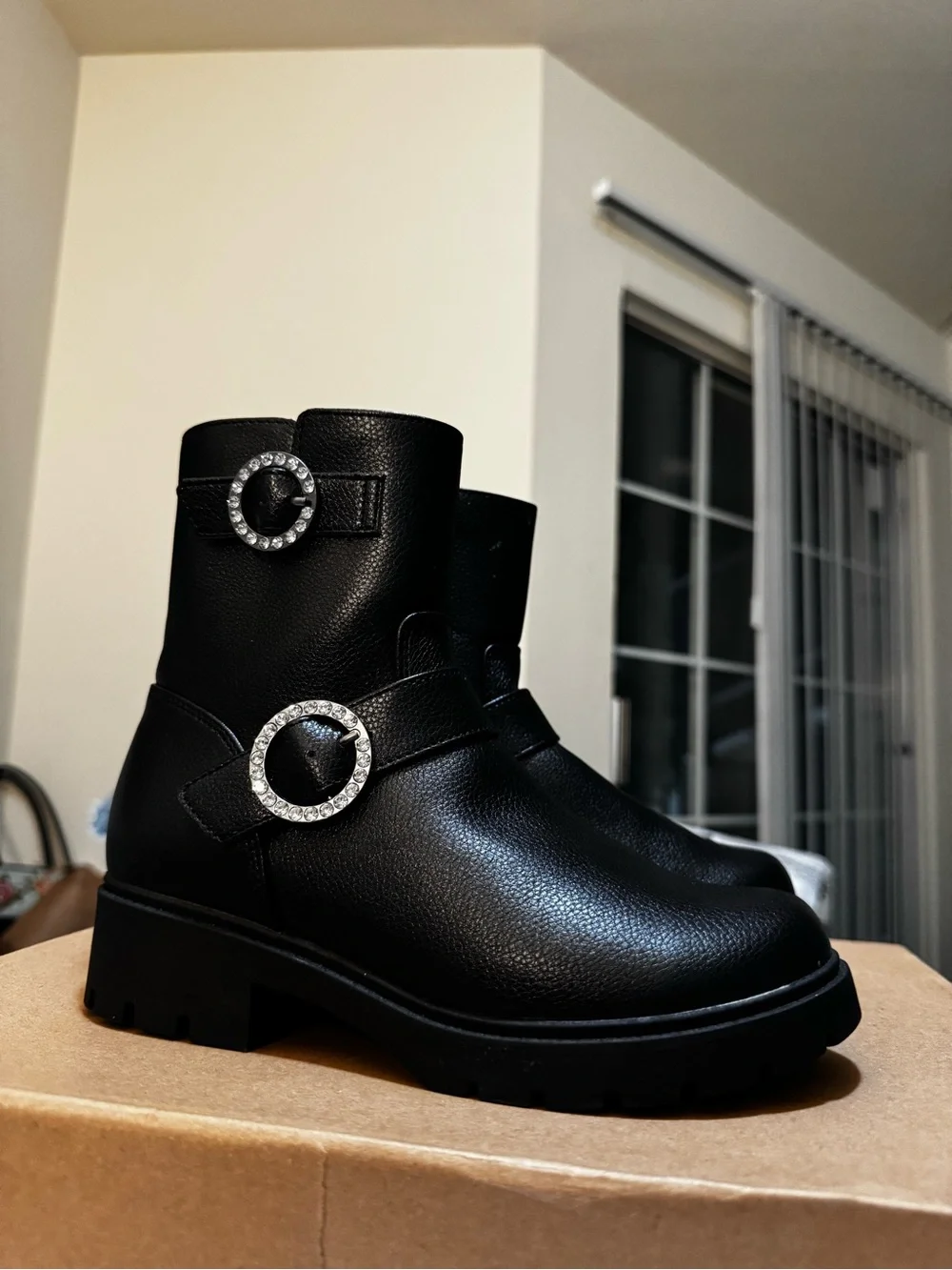 art class Black Girls' Rhinestone Buckle Lug Boots